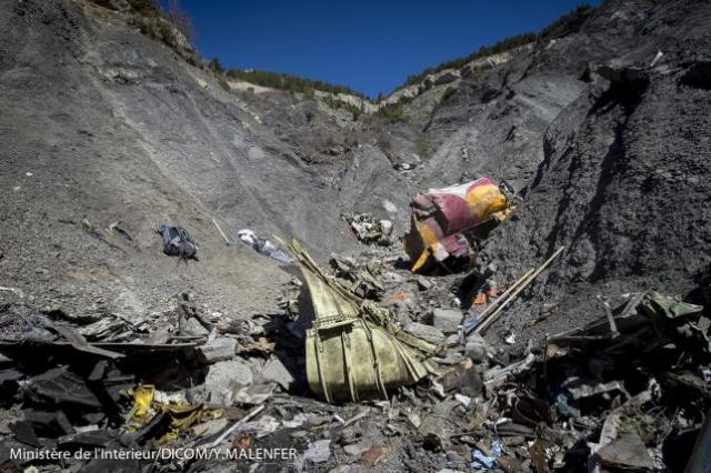 A general view of debris, seen in this picture made available to the media by the French Interior Ministry, from wreckage of a Germanwings Airbus A320, near Seyne-les-Alpes